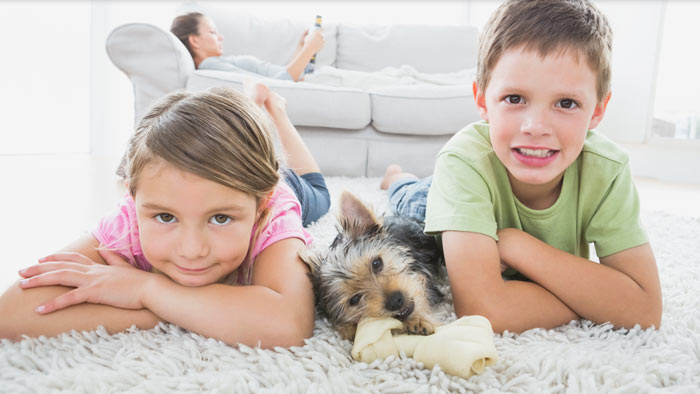 kids and dog on carpet